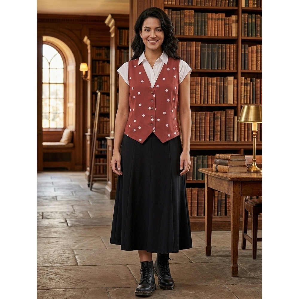 Lauren Conrad Polka Dot Vest Rust Orange Button Front Tie XL Secretary Librarian